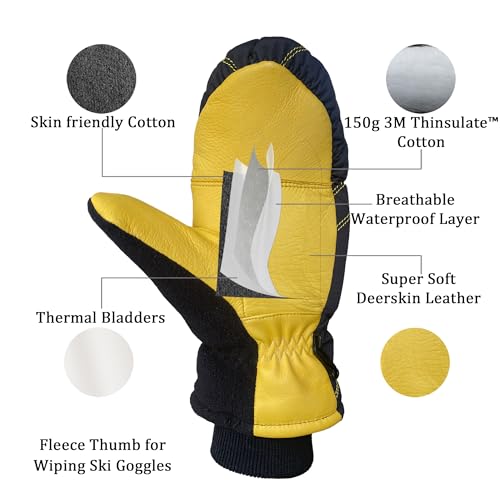 SKYDEER Winter Gloves for Men and Women, Skiing Mittens with Deerskin Leather and 150G 3M Thinsulate Insulation (SD8754M/L)