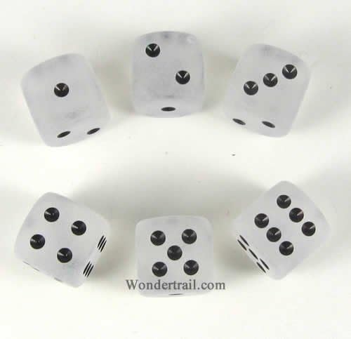 Wondertrail Clear Frosted with Black Pips 16mm D6 Dice Set of 6 WCX27601E6