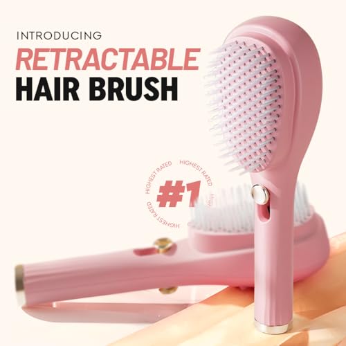 Image of Gleva Self-Cleaning Hair Brush, Detangling & Styling Brush with Anti-Static Bristles, Hair Massage Comb for Smooth & Tangle-Free Hair, Ideal for Men & Women (Pink)