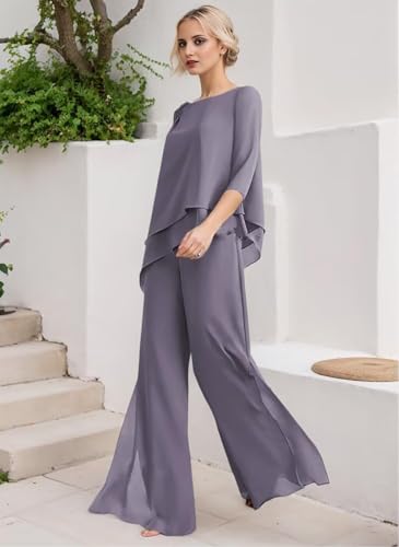 2 Pieces Mother of The Bride Pant Suits - Lace Applique Chiffon 3/4 Sleeve Ruffle Wedding Formal Outfit for Women Dressy4
