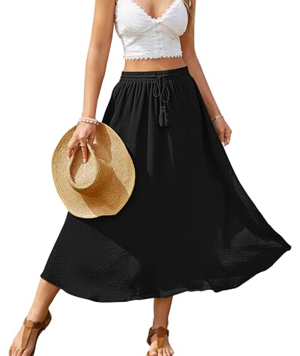 POMTIMCO Rock Damen Elegant High Waist Elastische Wickelrock Sommer Lang Rock Midi Freizeitrock mit Kordelzug Schwarz L