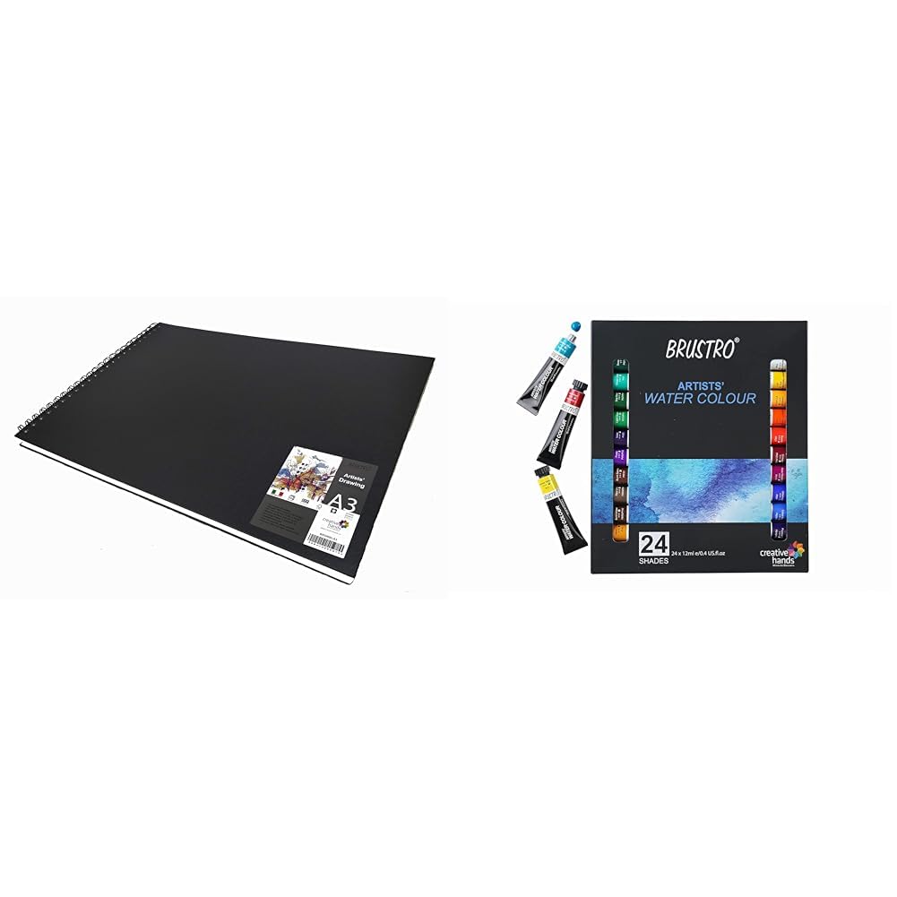 Brustro - Artists Sketch Book Wiro-Bound Bound A3 Size, Landscape, 116 Pg,160 GSM (Acid Free) & Artists Watercolour Set of 24 Colours X 12ML Tubes | Suitable for Gouache, Acrylics, Watercolor, Oil...