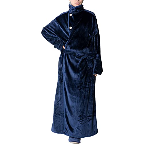 アイリスプラザ fondan 着る毛布 ポケット・ベルト付 特製BOX入り Mサイズ 着丈150cm 無地 ネイビー 静電気防止 洗える フランネルマイクロファイバー 部屋着 クリスマス ギフト ルームウェア