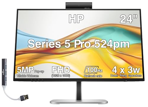 Image of HP Series 5 Pro 524pm 24 inch FHD USB-C Conferencing Monitor, 5MP Pop-up Webcam | 4x3W Speakers, VESA Mount (100mm), Displayport, HDMI & Dockztorm USB Port Expander, Black /Silver (9E0G9UT#ABA)
