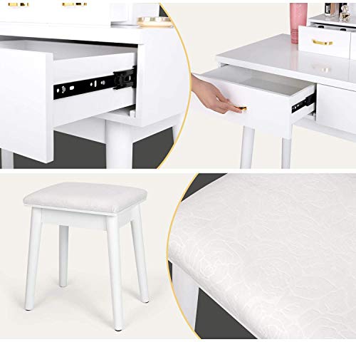 amzdeal Vanity Set with Lighted Mirror, Makeup Vanity Dressing Table with Touch Screen Dimming Mirror, 3 Color Lighting Modes 4 Drawers Dresser Desk and Cushioned Stool Set - White