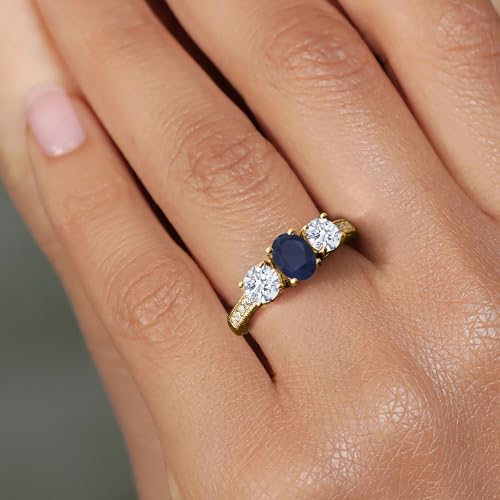 18K Yellow Gold Plated Silver Gemstone Birthstone 3-Stone Engagement Ring for Women | Oval 7X5MM and Round 5MM | Filigree and Milgrain Detail | Three Stone Wedding Anniversary Promise Ring | Size 5-94