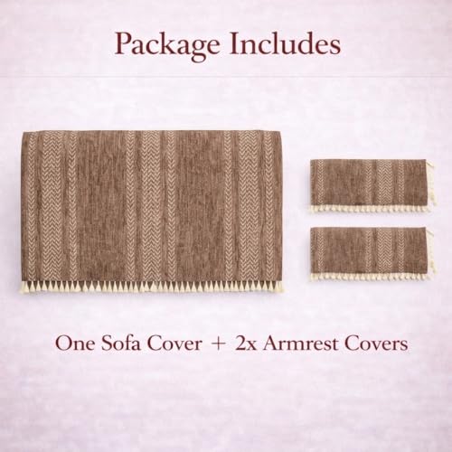 Image of STITCHNEST Chenille Printed Sofa Cover 1 Seater with 2 Hand Rest Covers - Washable Beige Sofa Cover with Tassels - Durable Premium Fabric - Stylish Sofa Protector for Living Room & Furniture Decor