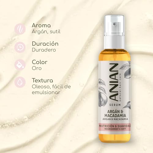 ANIAN - Sérum Argán, Macadamia y Trigo, 100 ml, para Pelo Seco y Dañado, Nutrición y Suavidad, Intensifica el Brillo del Cabello, Sella las Puntas, Nutre e Hidrata en Profundidad - imagen 3