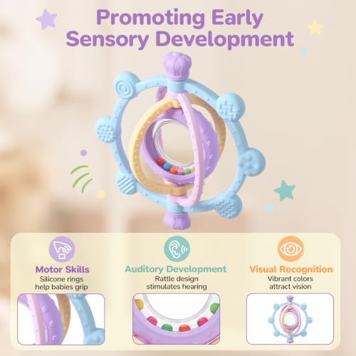 Image of Baby Ring Teething Toys with Rattle for 3 Months+, BPA-Free, Purple