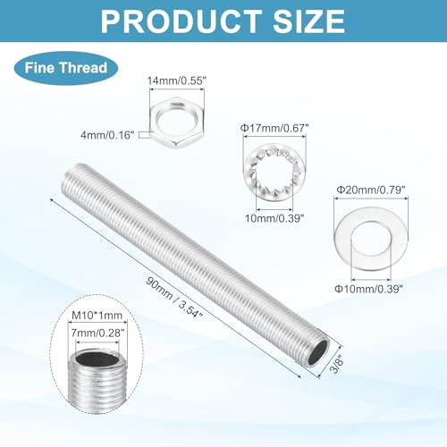 Image of MECCANIXITY 35Pcs 3.5 inch Lamp Pipe Nipples Kit with Hex Nuts Washers, M10 Fine Threaded Hollow Tube Repair Hardware Fasteners Assortment for Assembly Chandelier Ceiling Lamp DIY, Silver
