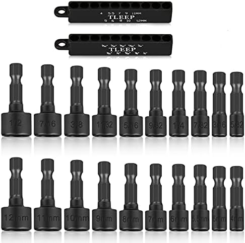 TLEEP 20 x Power Nut Driver Set for Impact Drill, SAE and Metric 1/4” Hex Head Drill Bit Set Screwdriver Socket Set, Chrome Vanadium Steel, Quick Change Chuck Socket Wrench Screw Impact Nutsetter