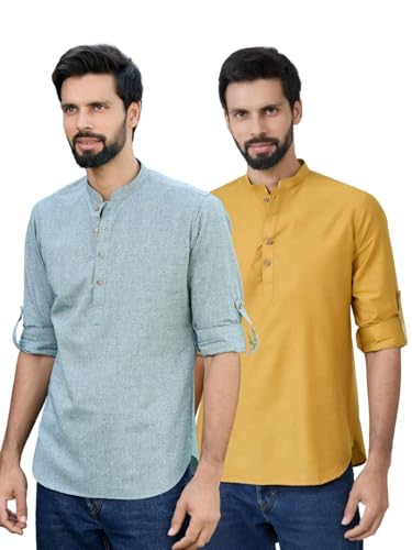 Image of See Designs Men's Roll-Up Sleeve Mandarin Collar Deluxe Cotton Solid Short Kurta (Pack of 2) - Festive Collection