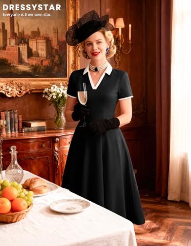 Image of Dressystar Women's 1950s Vintage Swing Dress Short Sleeve V Neck A Line Retro Rockabilly Cocktail Party Dresses With Pockets