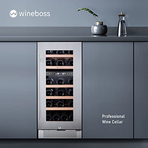 Wineboss 15" Wine Cooler Refrigerator, 28 Bottle Seamless Stainless Steel Built-In Freestanding Wine Fridge Double-Layer Tempered Glass Door With Lock, Under Counter Wine Cellar #TOP6