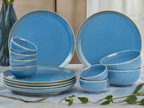 Image of Bodhi House Handcrafted Chip Resistance Porcelain Dinner Set, 14 Pieces Dish Set Serving for 6, Microwave and Dishwasher Safe, Bone-ash Free, Crockery Set for Dining and Gifting, Mid Blue
