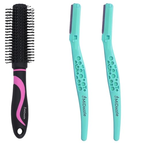 Image of Midazzle Round Hair Brush with Face Razor, Black and Pink Design, Pack of 2