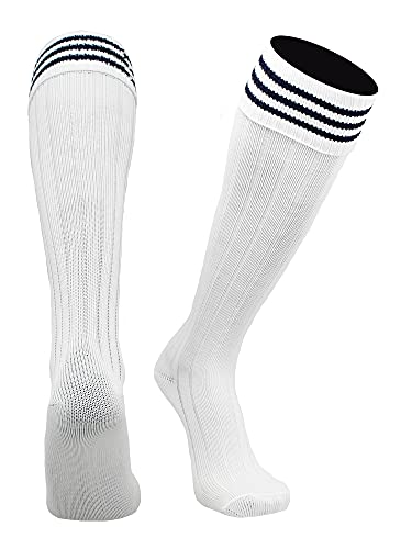TCK Euro Style 3 Stripe Soccer Socks (White Navy, Medium)