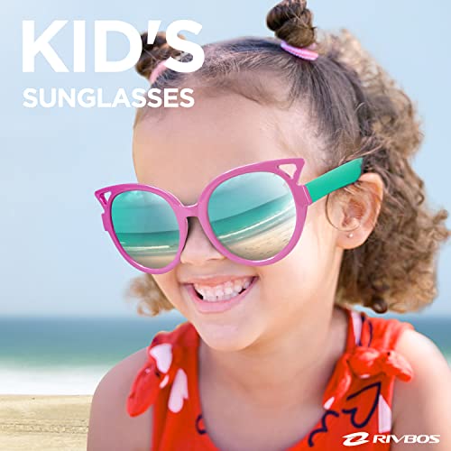 RIVBOS kids Sunglasses Girls with Strap Polarized UV Protection Flexible Shades for Baby and Children Age 2-10 RBK002-2 Pink&Green2