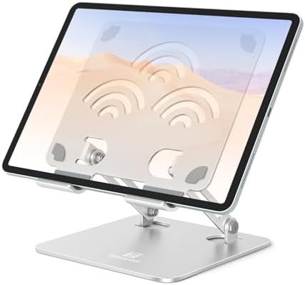 ipadスタンド - タブレット スタンド - 絵描きホルダー - ToBeoneer(ツビワ) - アイパッド 高さ角度調整可能 持ち運び便利 折りたたみ式 イラスト 置き台 卓上 アルミ製 軽量 充電stand 立て 在宅ワーク ZOOM 会議 ipad pro/mini/air/Kindleなど４-12.9インチに対応 (銀色 シルバー, 標準版)