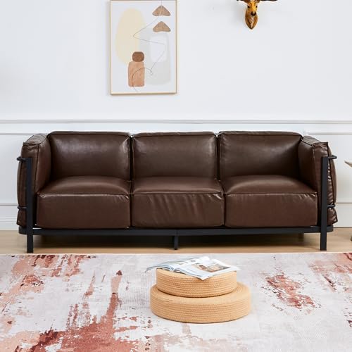 Image of 2 Piece Living Room Sofa set, Mid-Century Modern Upholstered Couch Chair Faux Leather Sofa Couch with Iron Frame and Upholstered Armrest Backrest Cushion for Living Room, Office, Apartment (Brown)