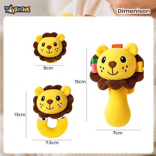 Image of Toyshine Pack of 3 Cute Animal Face Baby Hand Rattles Safe Lightweight and Easy to Hold Soft Stuffed Handy Rattles for Babies Infant Toddlers 6-12 Months - Loin