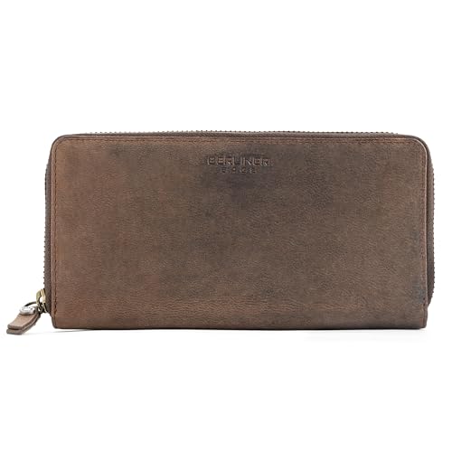 BERLINER BAGS Vintage Genuine Leather Wallet Margo, RFID Blocking Credit Card Holder, Slim Womens Wallet, Zip Around Wallet for 13 Cards and ID window, Bills, Coins - Brown