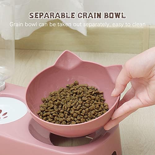 Cdemiy Cat Bowl, 15°Tilted Cat Bowl with Gravity Water bottle, Non-Slip Raised Cat bowl, Kitten Food Bowls Wet and Dry Food Feeding, for Small and Medium Pets Cats Puppies (Pink)