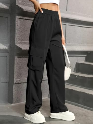 Image of THIRD QUADRANT Women's Wide Leg High Waisted Baggy Lounge Track Pants with Cargo Pockets Drawstring || Athletic Flared Trackpants with Utility Pockets