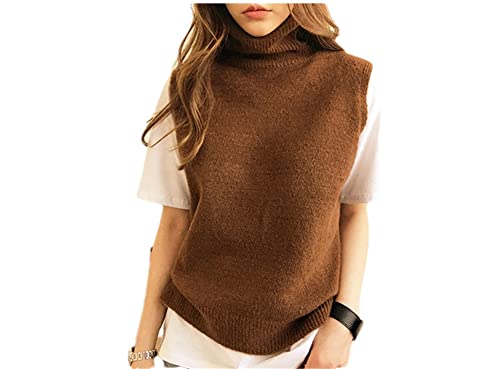 Women's Cashmere Knitted Sleeveless Turtleneck Pullover Sweater Solid Color Sweater Vest,Caramel-M