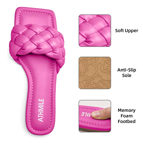 Image of ATHMILE Braided Womens Sandals 2026 Square Open Toe Fashion Slide Sandals | Women Summer Flat Sandals,Soft Leather,Slip on Shoes,Dressy,Causal,Beach,Vocation,Size 6-11