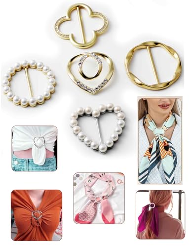 Image of 5pcs Scarf Ring Clip, Heart Pin-T-shirt Ties Clips, Clothes Corner Knotted Button for Women Fashion Metal Round Circle Shirt Buckle