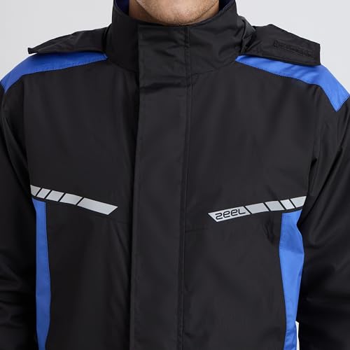 Image of ZEEL Raincoat with Adjustable Hood, Polyester Waterproof Full Sleeves, Backpack Friendly Pleate, Top and Bottom Set Rainwear, Front Zip with Snap Button Flap (EJS502, Black-Wave, XXL)