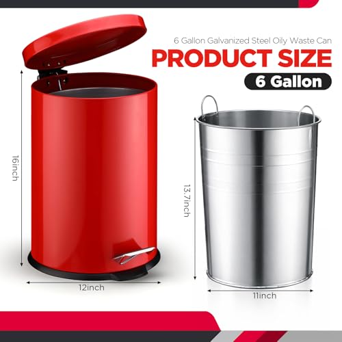 Image of Geetery 6 Gallon Red Oil Rag Safety Can Waste Oil Container 16 inch x 12 inch | Metal Can with Galvanized Steel Liner, Foot Operated, Self-closing Lid, for Flammable Solvents /thinners /oil Rags
