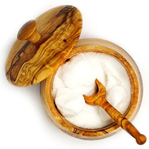 Ezo.Home Saliera/zuccheriera fatta a mano in legno di ulivo con coperchio e cucchiaio, capacità 100 ml, con coperchio, per casa e cucina