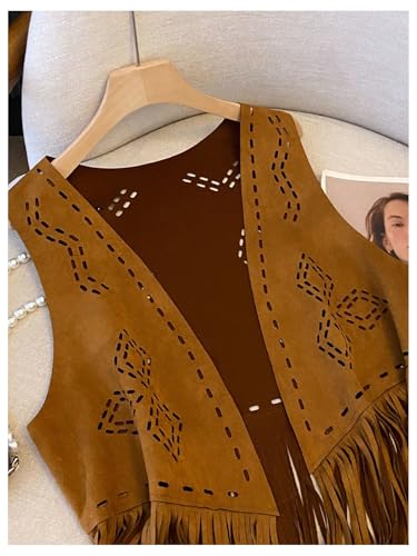 GORGLITTER Women's Fringe Vest Western 70s Hippie Sleeveless Hollow Out Suede Vest Tassel Cowgirl Concert Outfits3