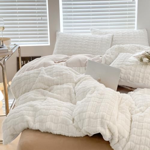 Tospass Biancheria da letto in peluche, 155 x 220 cm, bianca, soffice, calda, in pelliccia sintetica a quadri, in pile cashmere, con chiusura lampo e 1 federa 80 x 80 cm