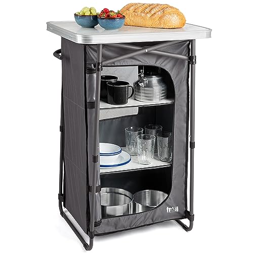 Trail Camping Kitchen Unit 4 Shelf Storage Cupboard, Folding Portable Pop Up Shelving Cabinet, Outdoor Garden Picnic, Waterproof with Carry Bag (93cm x 60cm x 48cm)