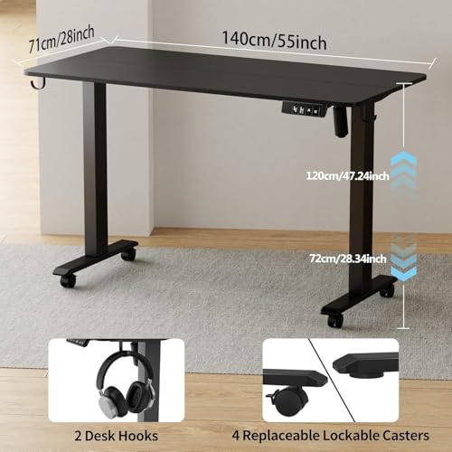 TIQLAB Electric Standing Desk, Adjustable Height Stand up Desk, 55 * 28 Inches Sit Stand Home Office Table with Splice Board, Black