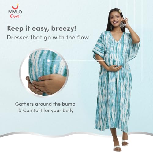 Image of Maternity Dress for Women with Breastfeeding Zippers | Kaftan Dress | Adjustable Belt for Growing Belly | Feeding Dress for Pre & Post Pregnancy