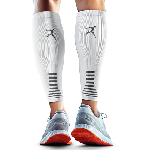 Rymora Calf Compression Sleeves Men Women Shin Splints Running (Pair) (White) (M)