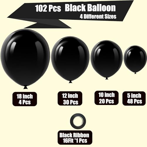 Black Balloons,102pcs Matte Latex Black Balloon Arch Kit Garland of 18 12 10 5 Inch Different Sizes Balloons Pack for Graduation Halloween New Year Birthday Party Decorations - Image 3