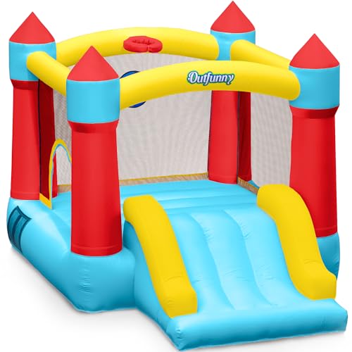 Outfunny Indoor Bounce House with Slide, Inflatable Bouncy House for Kids 3-6, Bounce Area 6'x6', Capacity 300 lb - Blue