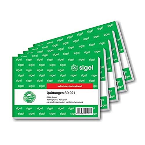 SIGEL SD021 Quittungsblock A6 quer, 5 Stück, 2x40 Blatt, selbstdurchschreibend, Standardquittung, mit 1 Durchschlag, mikroperforiert, aus nachhaltigem Papier