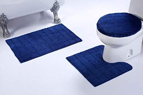 Luxury Home Collection 3 Piece Microfiber Bathroom Rug Set Non-Slip Bathroom Rug Contour, Mat and Toilet Lid Cover #670 (Navy, 3 PCE Set)