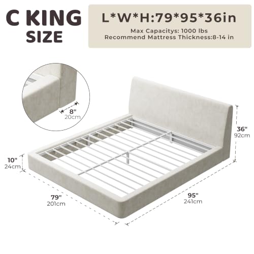 Image of RECCI AirFrame California King Bed Frame with Ergonomic Angled Headboard, 360 Cushioned Platform Bed Frame, Low Profile Minimalist Soft-Frame Bed, No Box Spring Needed, Easy Assembly, Beige Chenille