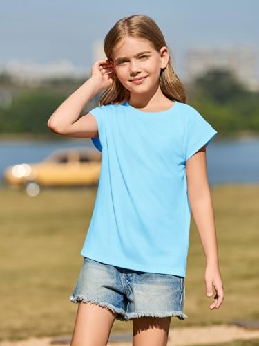 Image of Haloumoning Girls Cap Sleeve T Shirts Kids Summer Crewneck Solid Tops Tees 5-14 Years