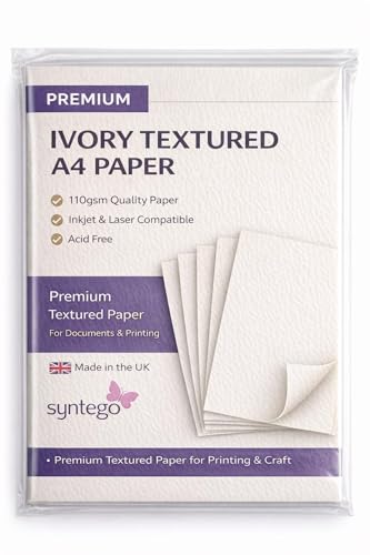 Syntego Textured A4 Paper 110gsm Premium Printer Paper for Inkjet & Laser | Ivory & White Textured Paper for Invitations Certificates Menus & Craft (50 Ivory)