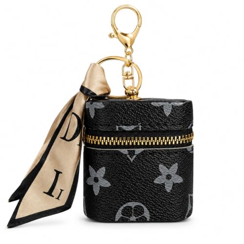 Image of Mini Zip Storage Pouch Keychain for Women | PU Leather Small Organizer for Coins, Earbuds, Lip Balm & Keys | Portable Bag Charm (Black)