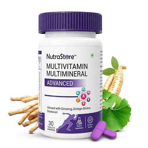 Image of NutraStore Multivitamin Multimineral Advanced Tablets for Men & Women | With Ginseng, Ginkgo Biloba & Shatavari | Vitamins A, C, D3, K2, B12 for Energy, Immunity, Muscle Recovery & Wellness | 30 Veg Tablets