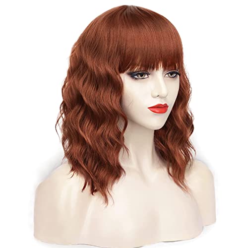 YEESHEDO Copper Red Short Auburn Bob Wigs with fringe for Women Natural Wavy Curly Hair Wig Heat Resistant Synthetic Wig for Ladies Daily Use or Cosplay Party Costumes,14inch - Image 3